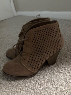 Women's Brown Suede Lace-Up Perforated Ankle Booties